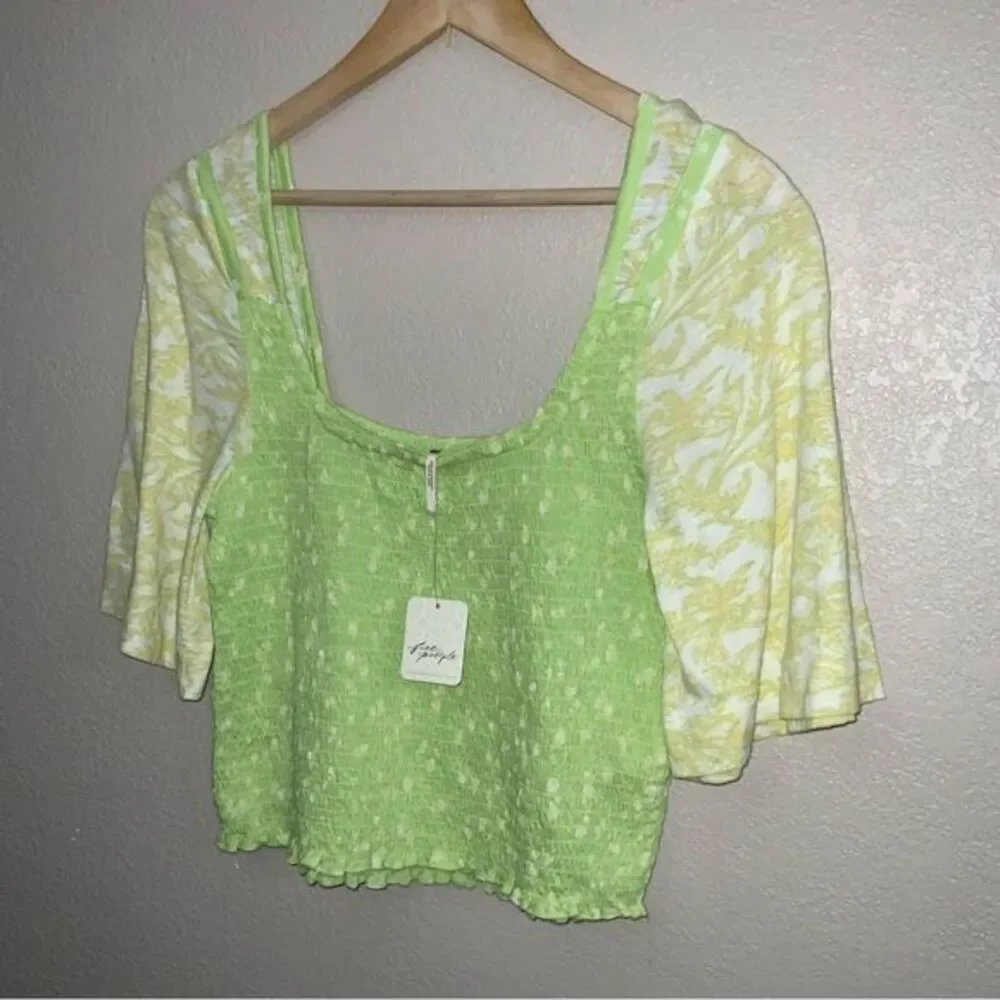 Free People Floral Smocked Square Neck Top Puff Sleeve Green Yellow size M